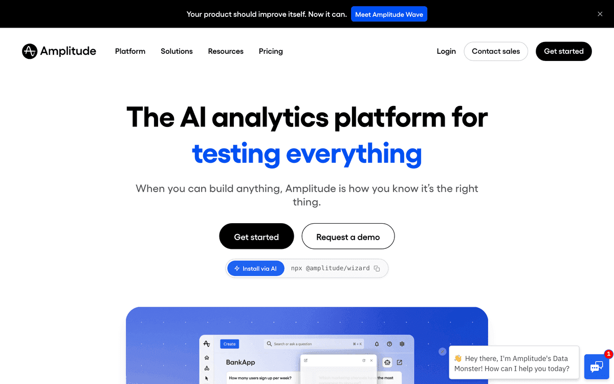 Amplitude homepage showing its product analytics platform for understanding user behavior