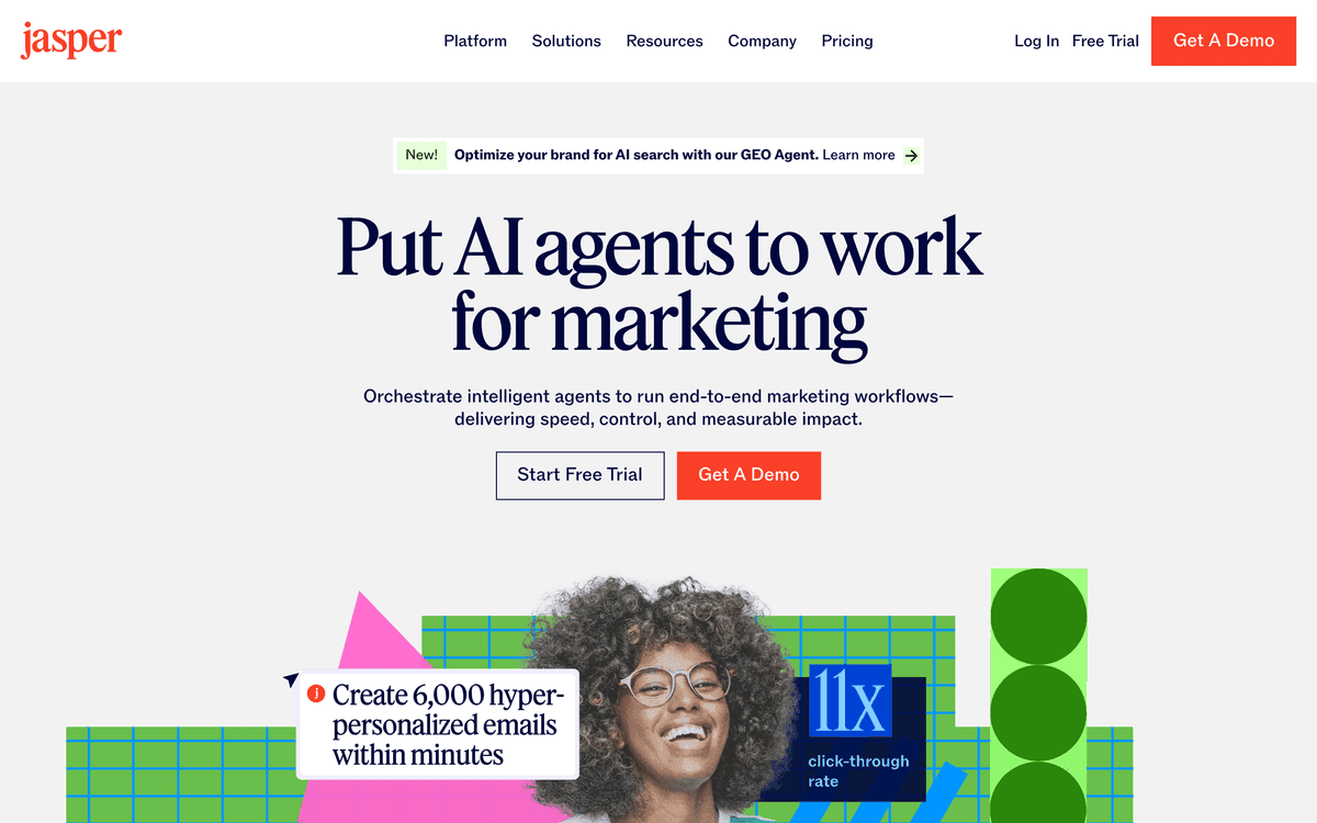 Jasper homepage showing its AI platform for marketing and content workflows