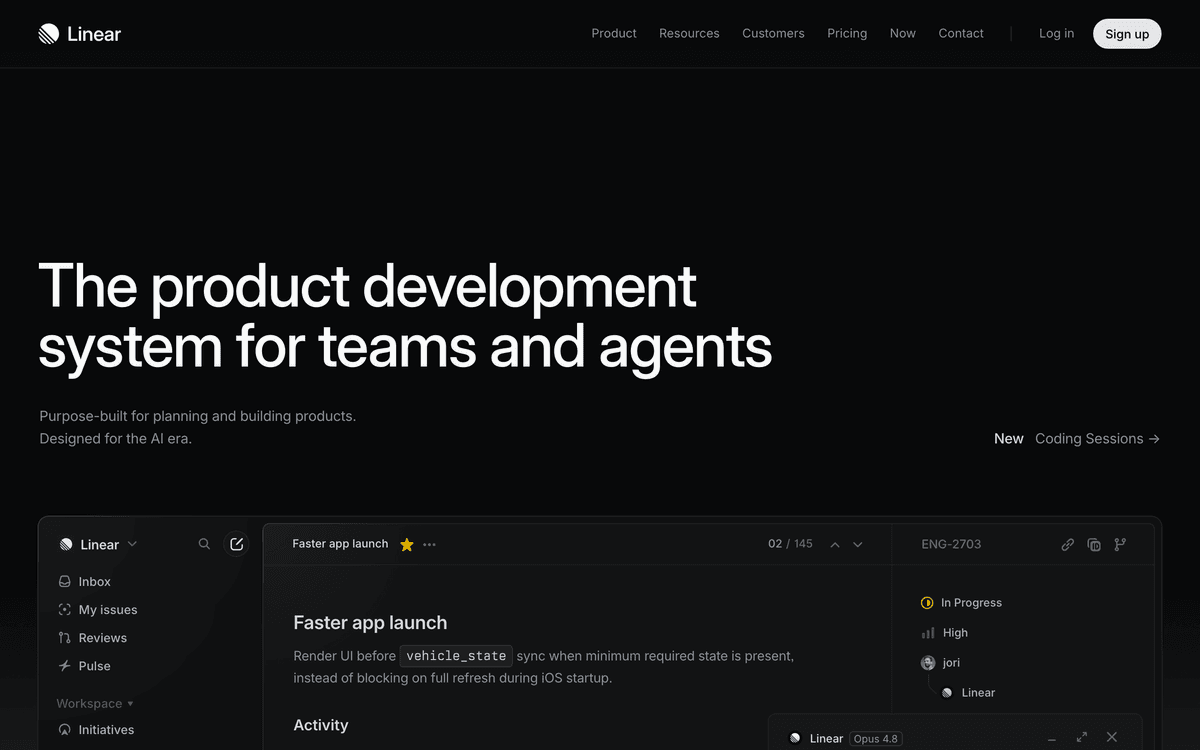 Linear homepage showing its issue tracking and project management interface for product and engineering teams