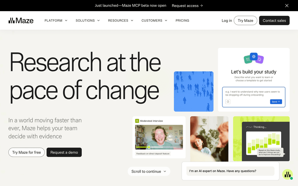 Maze homepage showing its user research and usability testing platform