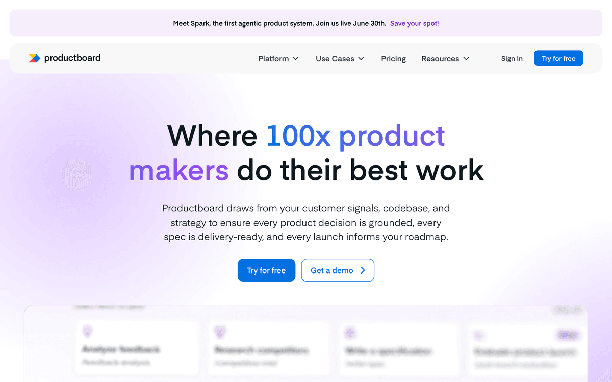 Productboard homepage showing its product management platform that turns customer signals into prioritized roadmaps